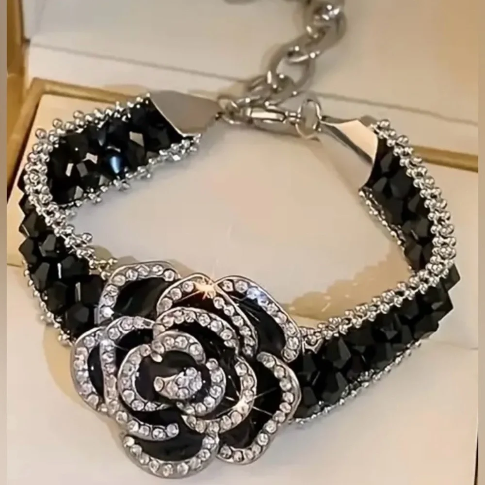 Camellia Black Crystal Rhinestone bracelet NWT